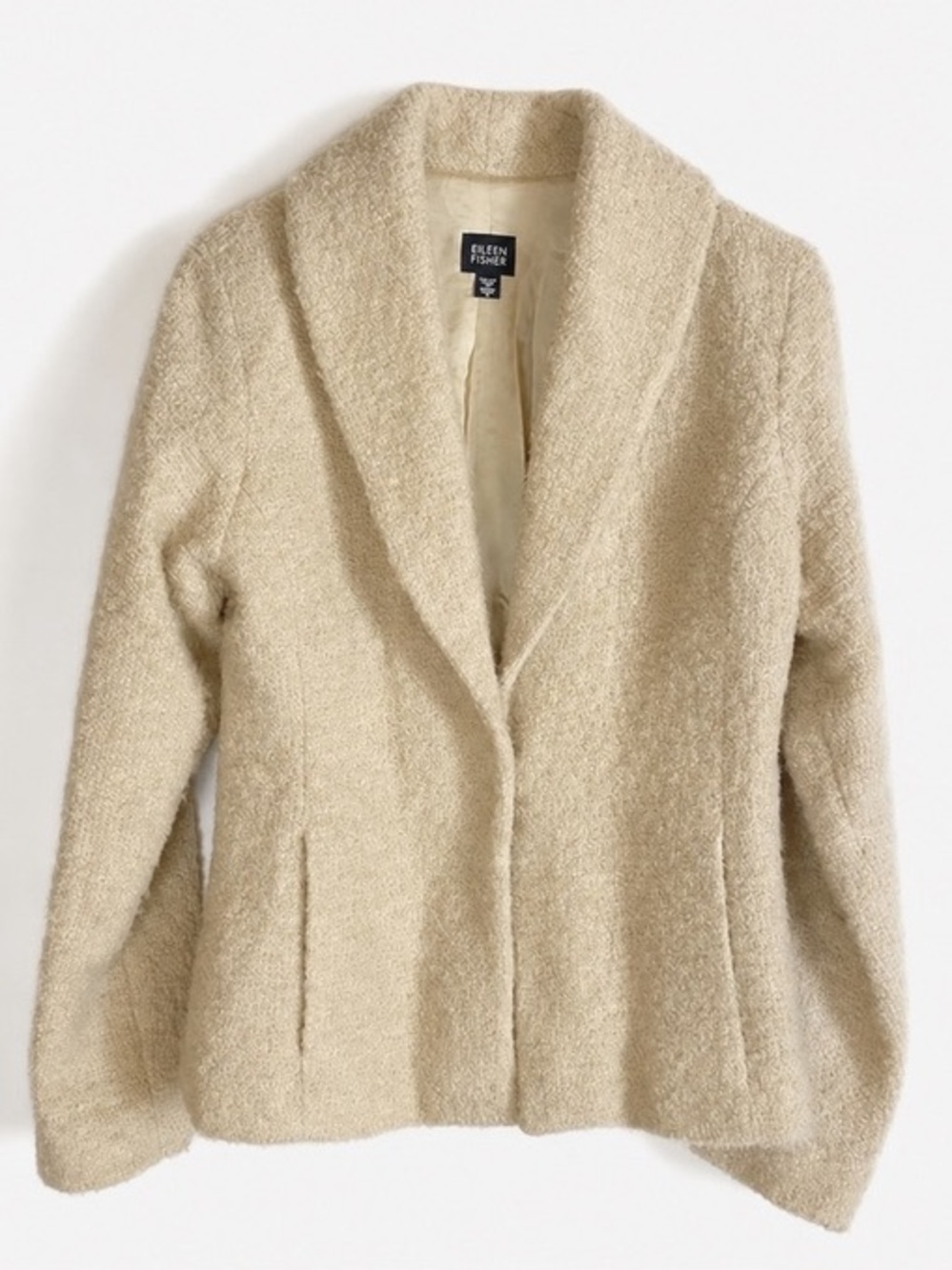 Eileen Fisher Wool Boucle Coat Jacket Cream Beige Hook Closure Large